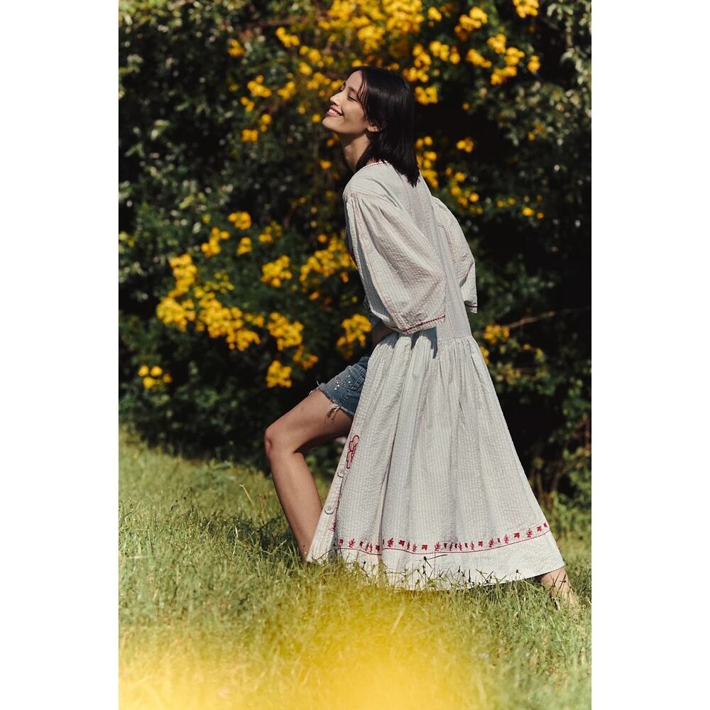 Free People Embroidered Cottage Bohemian Seersucker Saugatuck Midi Dress Medium - Picture 3 of 13